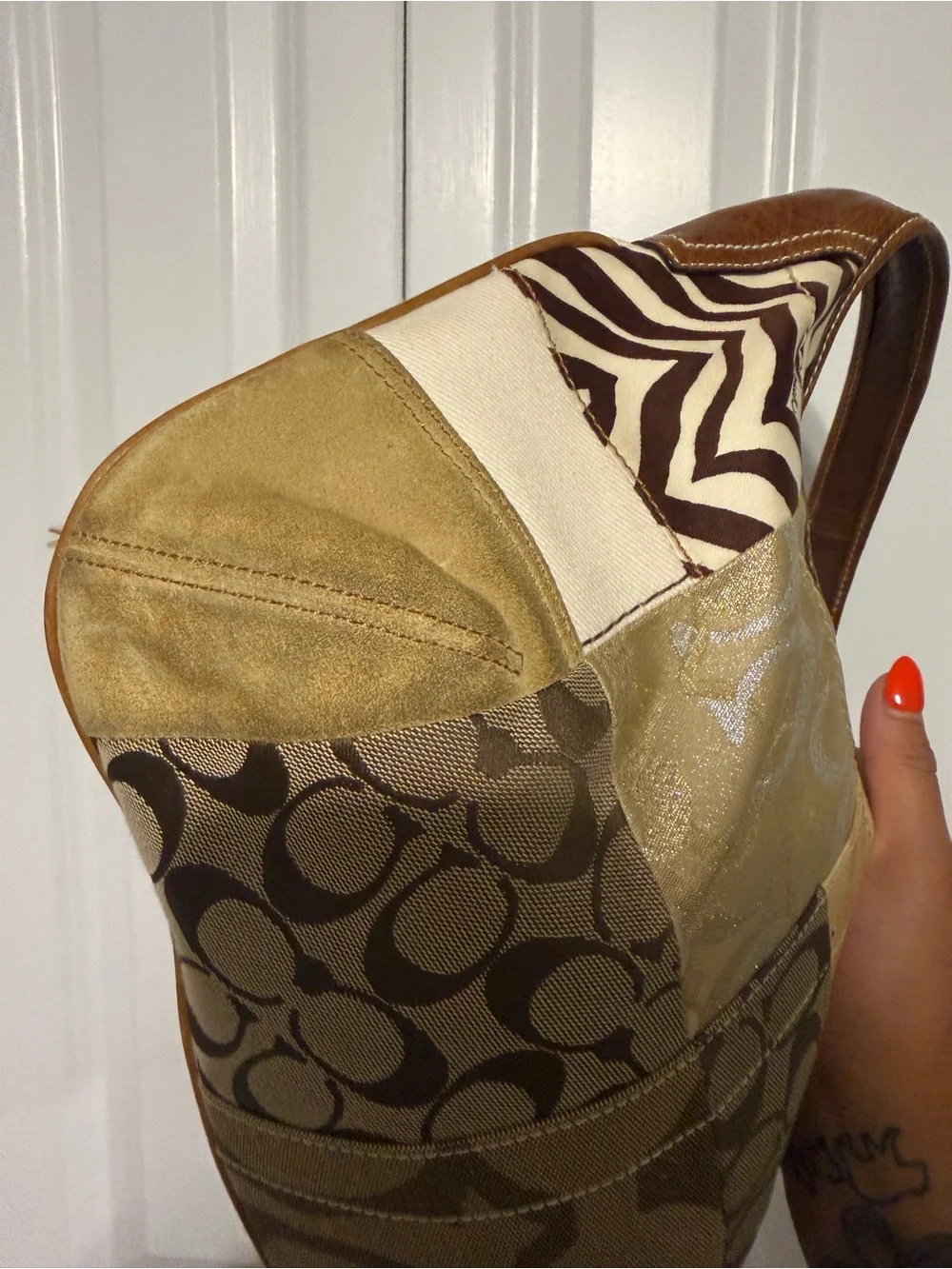 Coach Ergo Patchwork Leather Canvas Suede Hobo in Earth Tone Brown Color